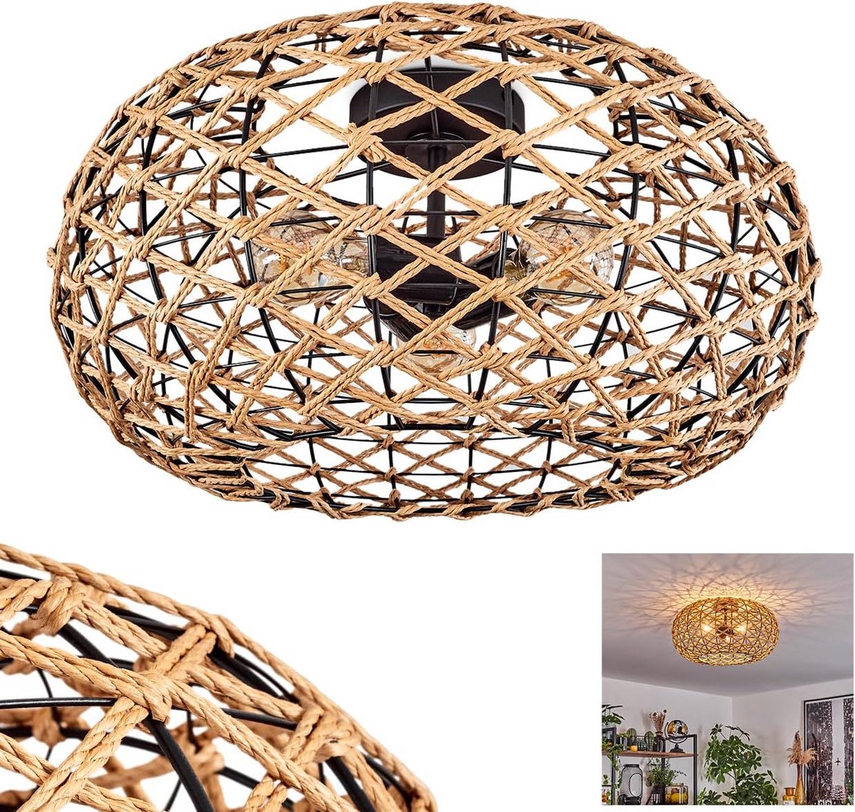 Ronde Plafondlamp Hout Rattan Zwart Boho Stijl Geschikt voor E27