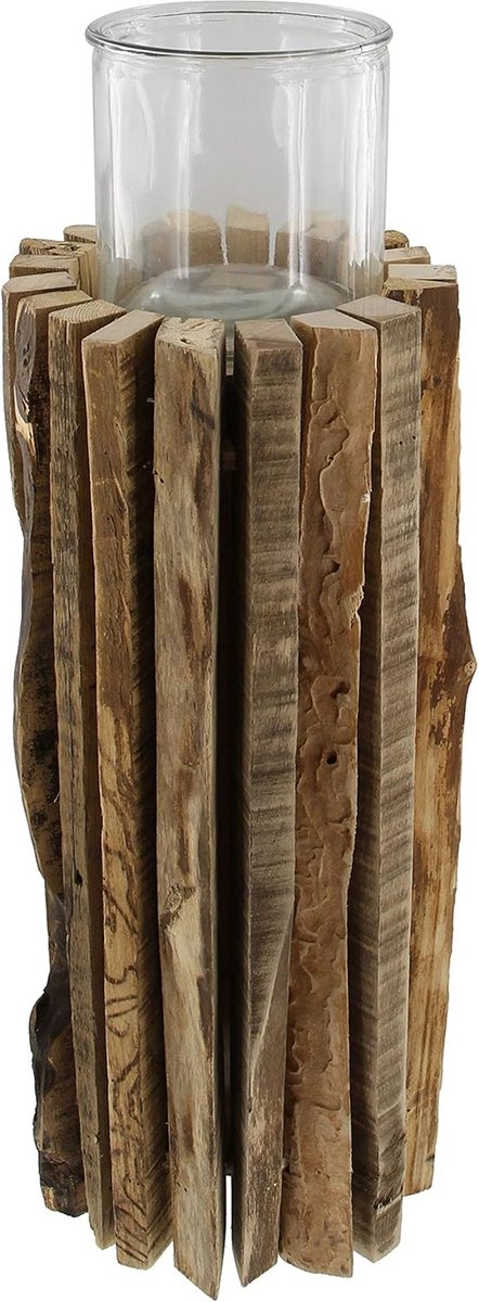 Rustieke Houten Zuil met Kaarsglas - Decoratieve Kaarsenhouder voor Binnen en Buiten
