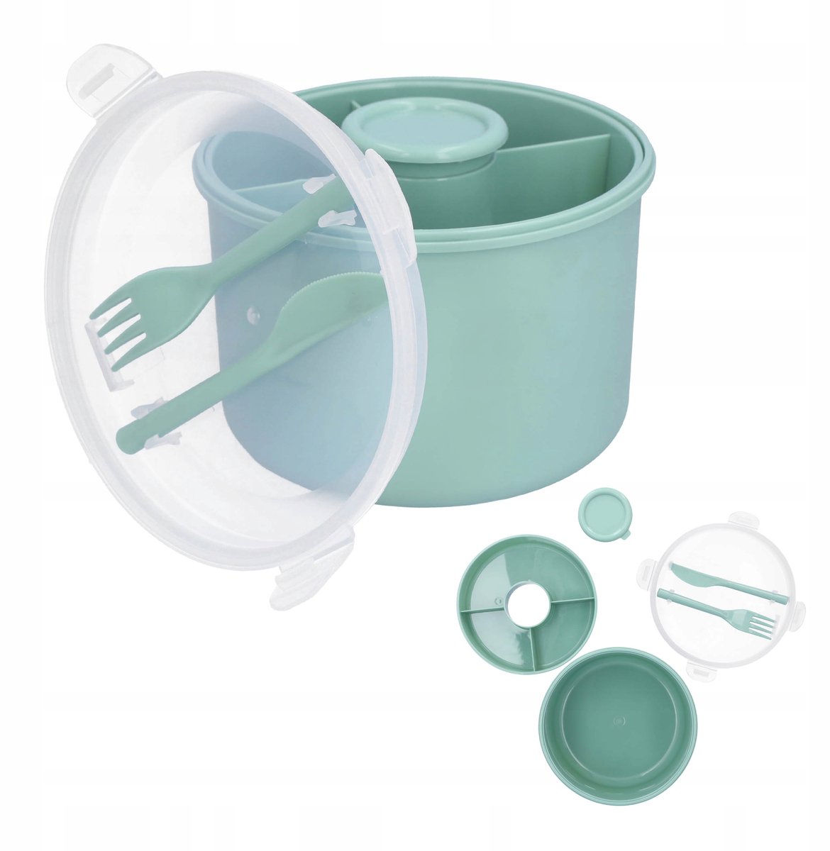 Mintgroene Lunchbox 2L met Vakjes, Bestek & Sausbakje