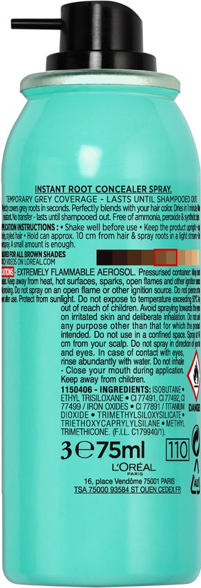 Achterkant van L'Oréal Paris Magic Retouch uitgroeispray, met productinformatie en ingrediënten.
