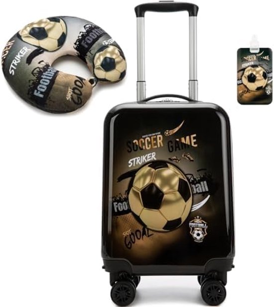 Kinderkoffer met 360° wielen en kussen - Zwart voetbal design - Trolley kind - Reizen