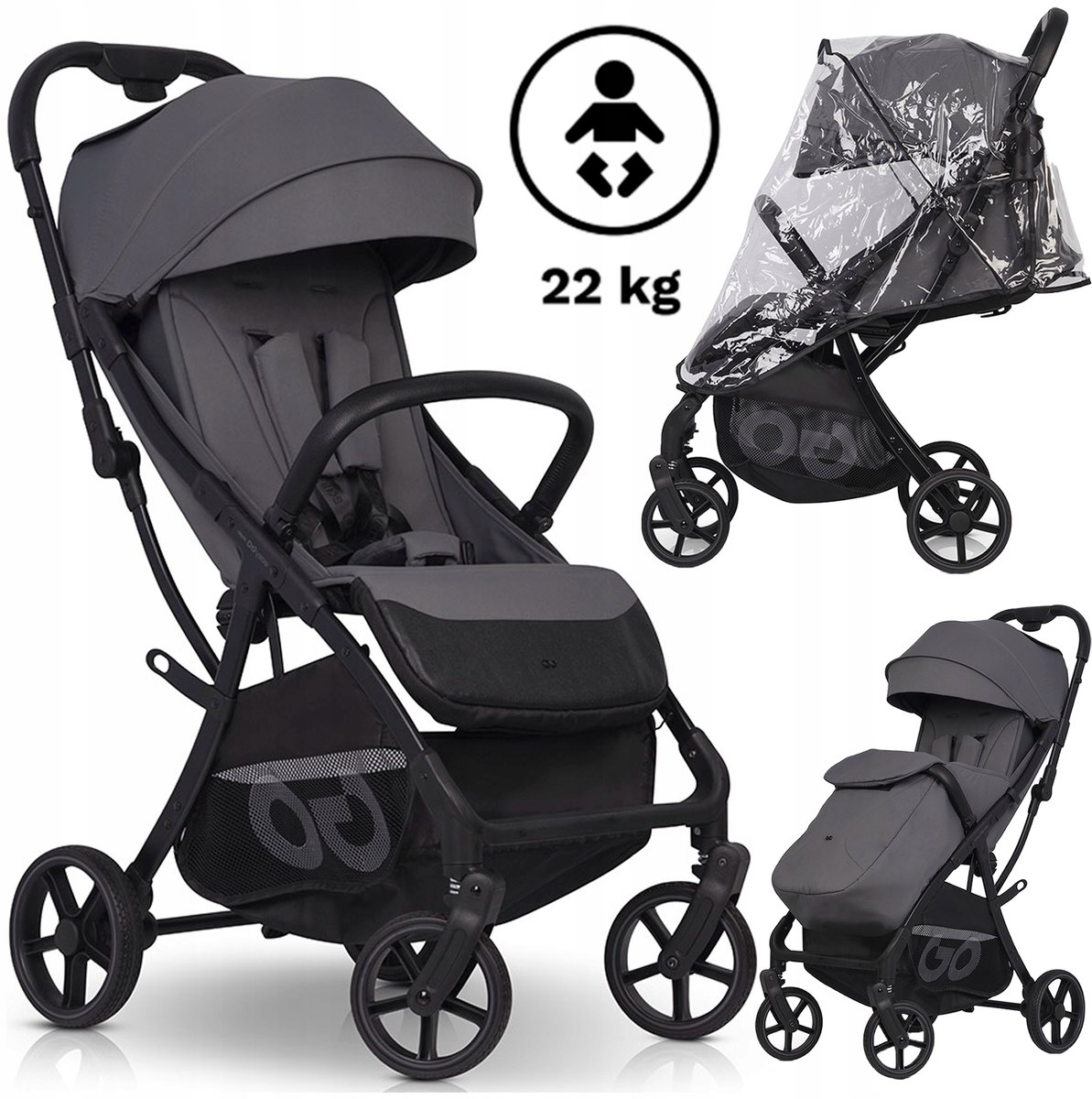 Lichte Kinderwagen tot 22kg met Grote Wielen en Accessoires