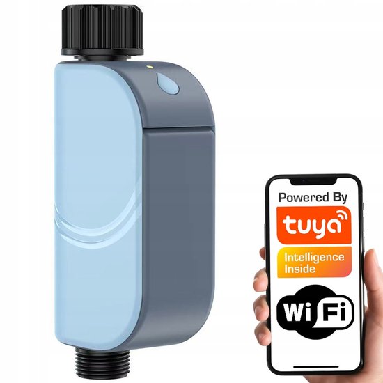 Grijze en lichtblauwe beregeningskleptimer naast een smartphone met 'Powered by Tuya' en 'Wi-Fi'.