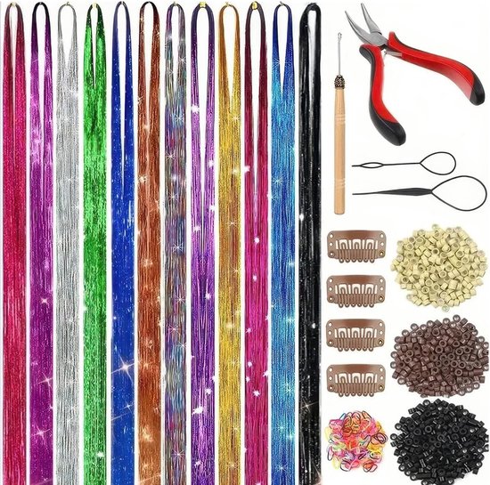 Set schitterende haaraccessoires - 120 cm - 12 kleuren - Inclusief gereedschap - Langdurige glans - Geschikt voor meisjes en dames - Perfect voor feestjes, cosplay, Halloween, Kerstmis en meer