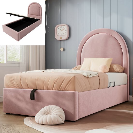 Lit enfant 90x200 cm avec espace de rangement, lit simple capitonné, métal + velours + bois massif, rose, pour garçons et filles
