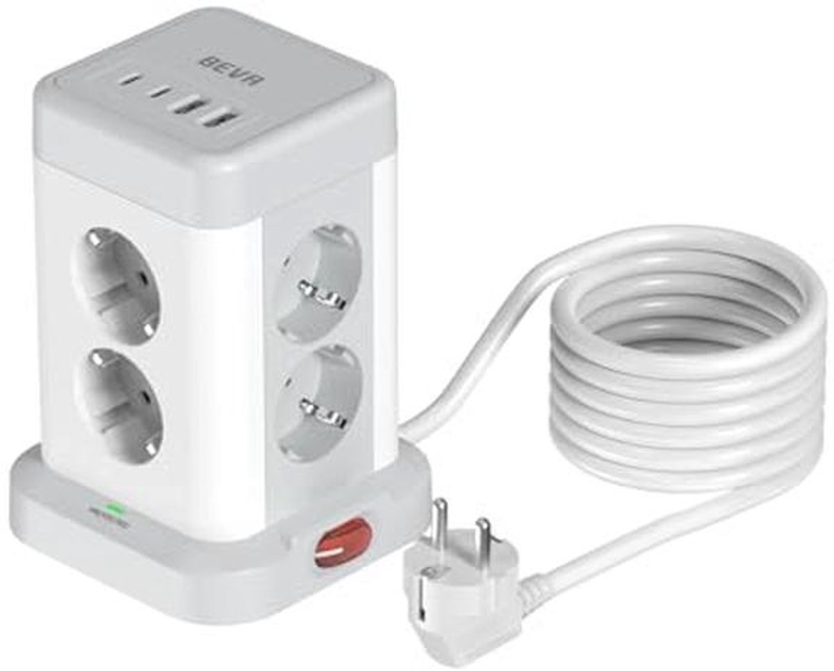 Toren Elektrische met 8 Stopcontacten en 4 USB-poorten - Meerdere Stopcontacten met Overspanningsbeveiliging