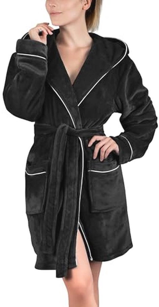 Fluffy Badjas Dames met Capuchon - Knuffel Fleece - Oeko-Tex Standaard 100 - Kort - Maat S t/m XXXL