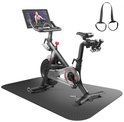 Een zwarte fitnessmat met textuur, maat 74.8"x32", met een hometrainer erop, inclusief een paar grijze trainingsbanden.