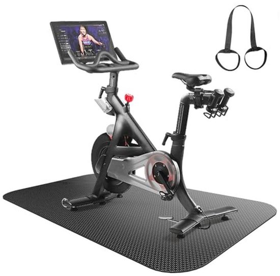 Een zwarte fitnessmat met textuur, maat 74.8"x32", met een hometrainer erop, inclusief een paar grijze trainingsbanden.