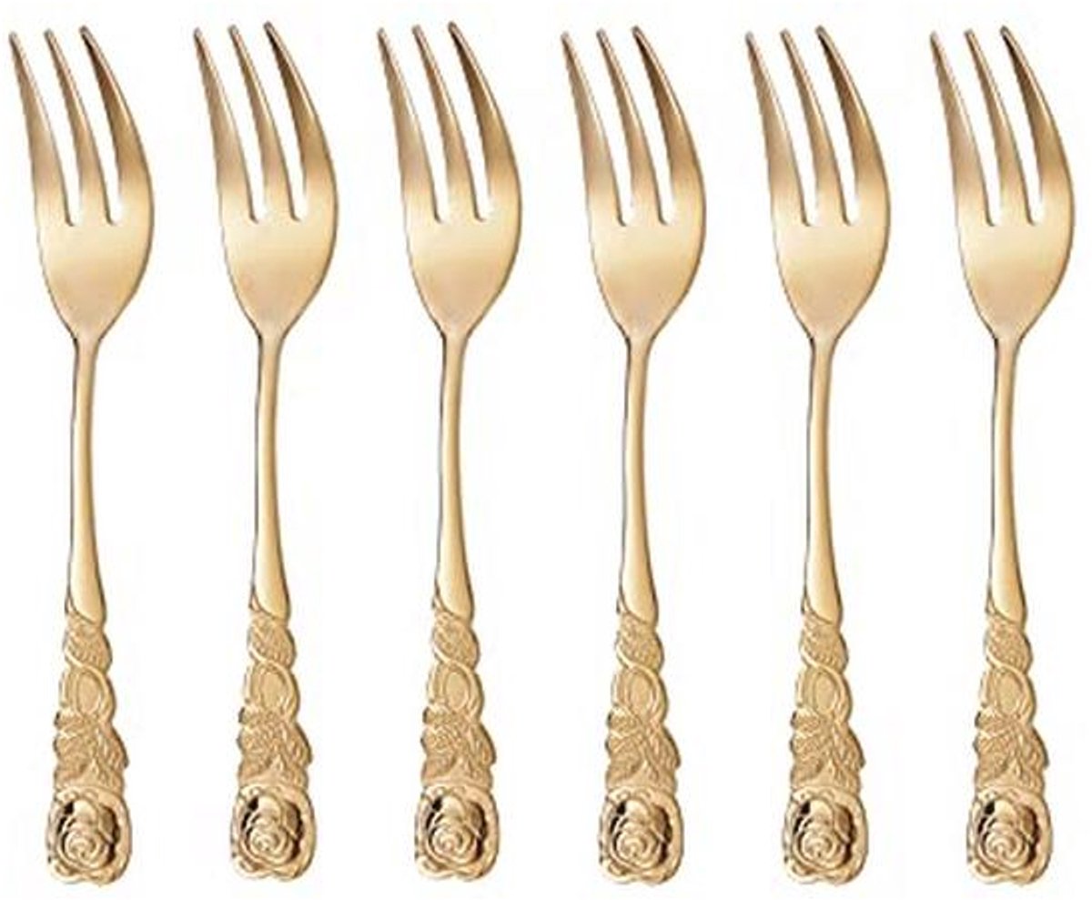 Gouden Taartvorken set van 6 met Rozendecoratie - Roestvrij Staal