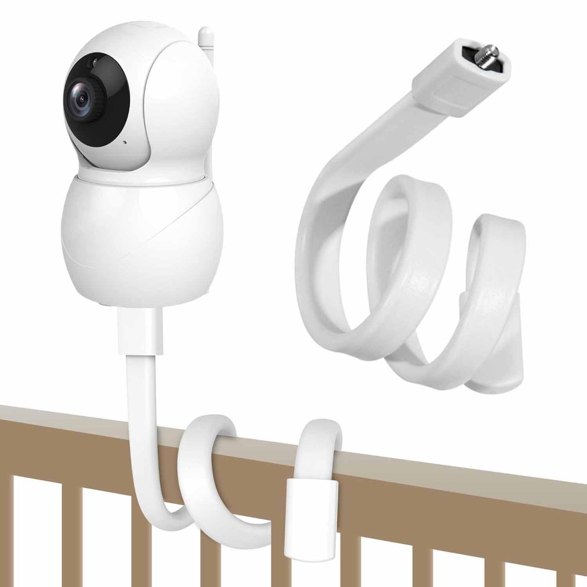 Babyfoonhouder, babycamerahouder, babymonitorhouder, camerahouder, flexibele babyfoonhouder voor kinderbed, ledikant, reling, video, 1/4 schroefaansluiting, wit