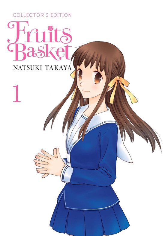 Collector's Edition Fruits Basket Vol. 1: Toru Honda met bruin haar met gele strikken en een blauw uniform.