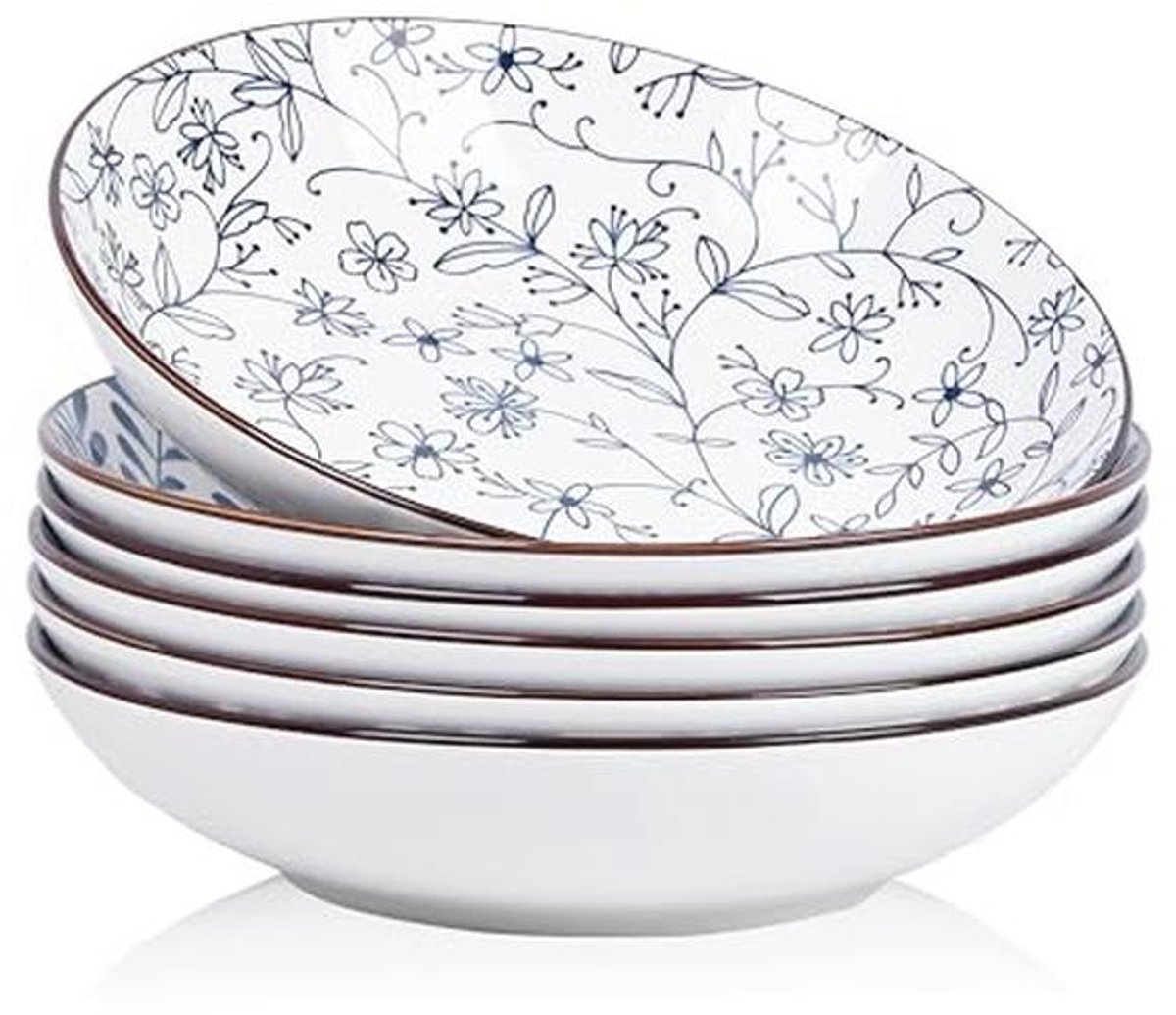Set van 6 keramische pastakommen 17,5 cm - blauw en wit - magnetron- en ovenbestendig