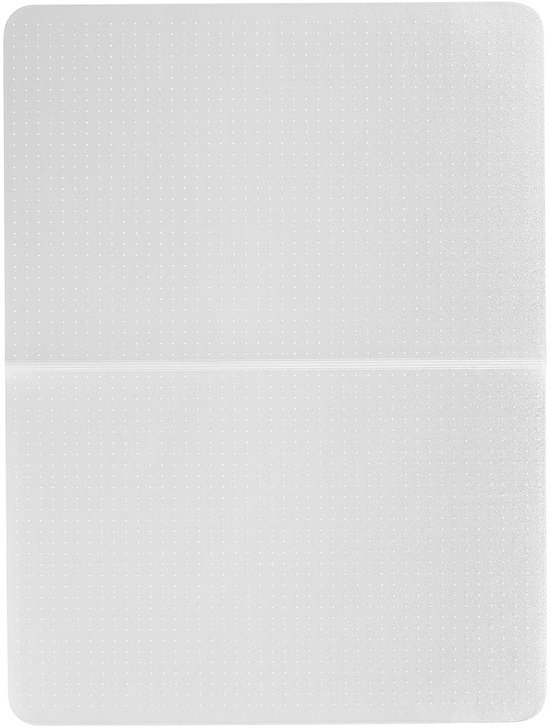Een platte, transparante, rechthoekige bureaustoelmat met een subtiel noppenpatroon, geïsoleerd op een witte achtergrond.