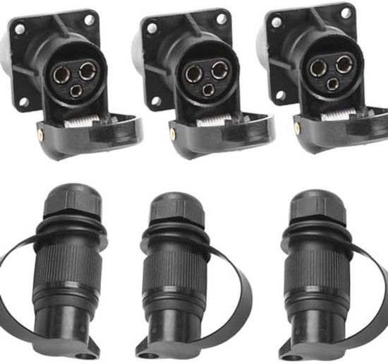 ETUKER 3 x aanhangerstopcontact, 3-polig, plat, 3 x aanhangerstekker, driepolige stekker, stopcontact, 12 V, tractor, 3-polig