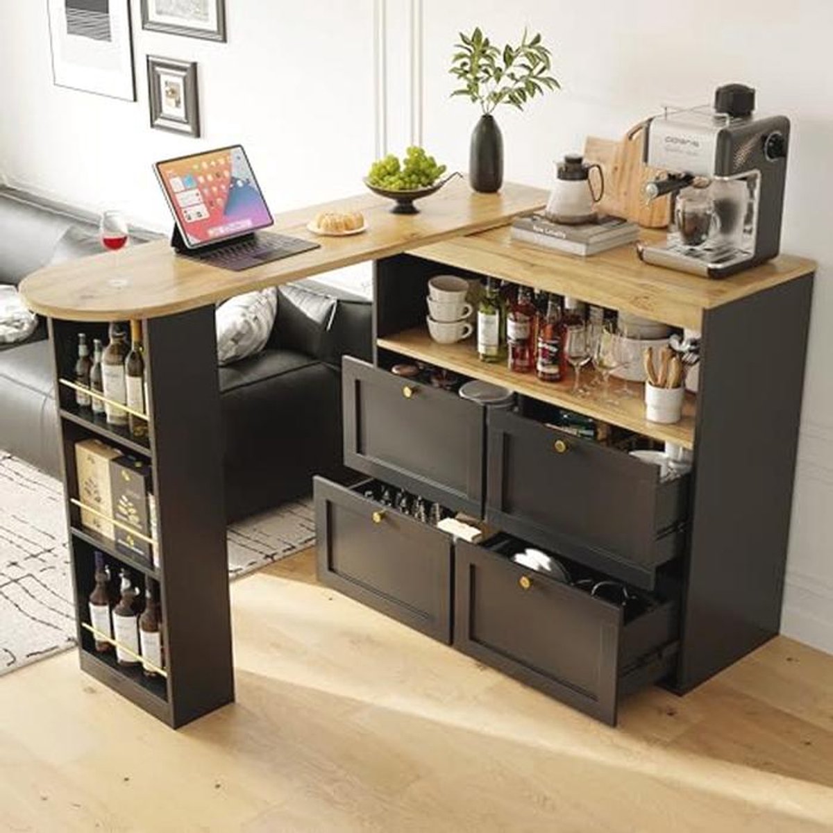 360° Draaiende Staande Tafel met 4 Lades en Open Planken voor Eetkamer, Studie of Woonkamer