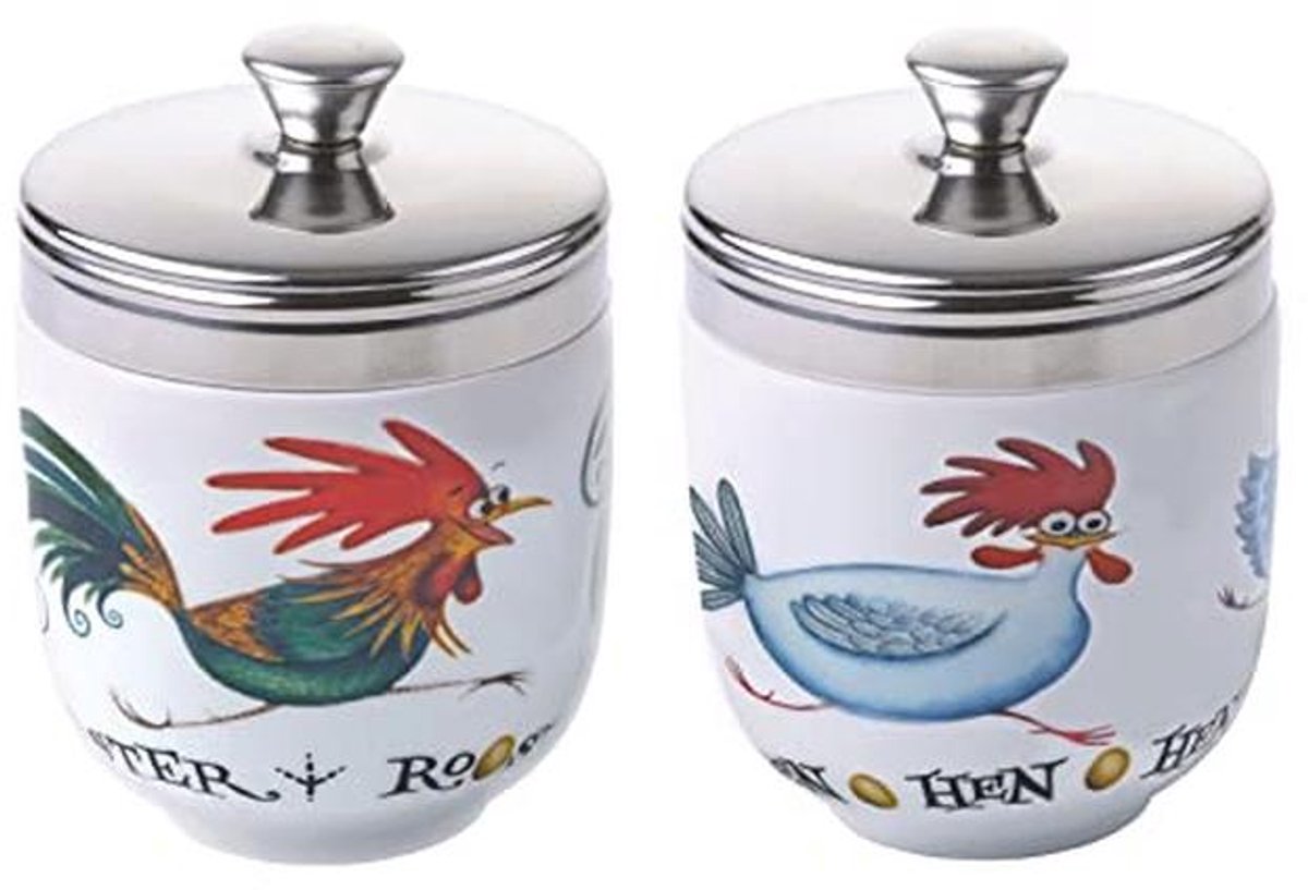 Set van 2 Porseleinen Eier-Coddlers - Chasing Chickens Design - Keuken Gadgets voor Eieren