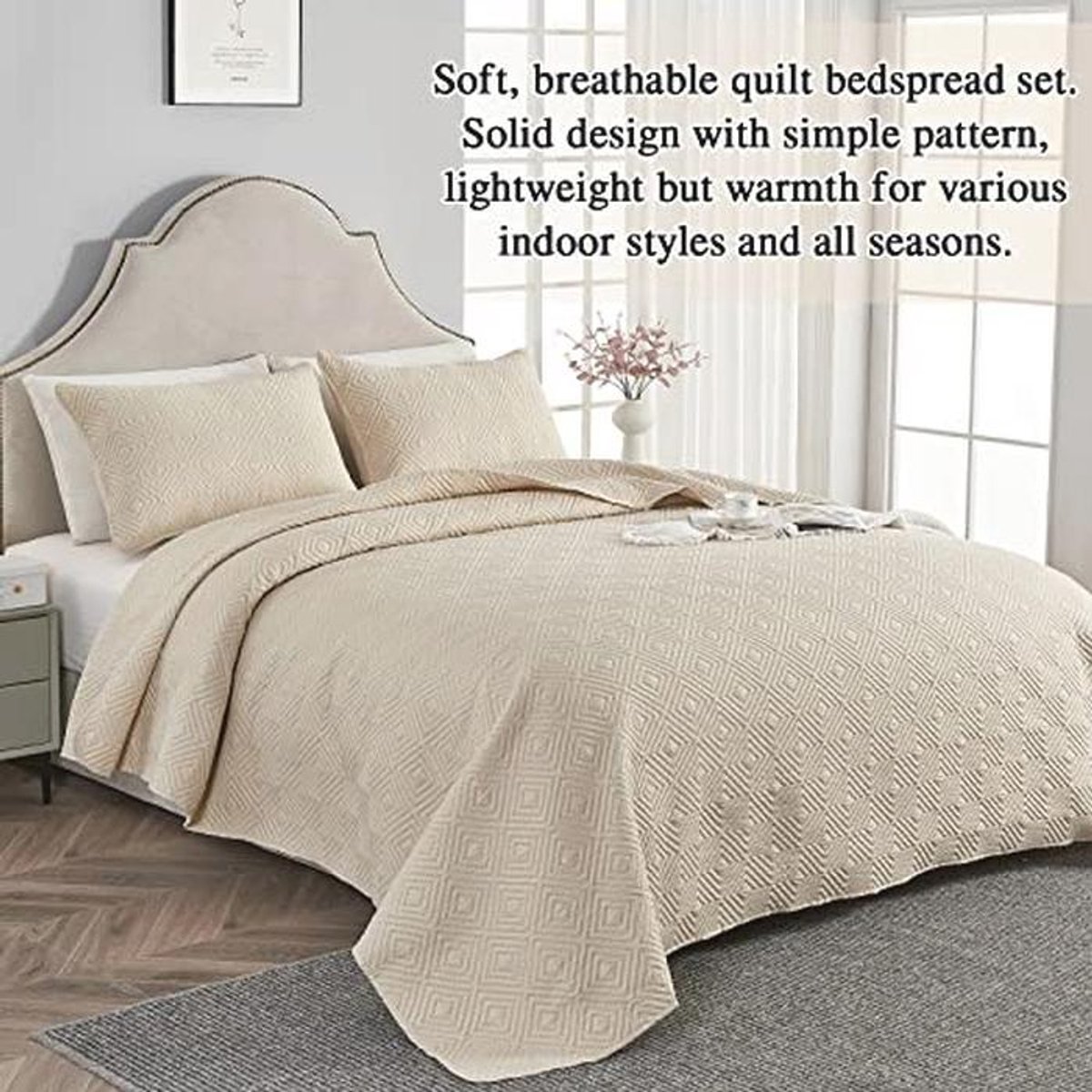 Lichte Beige Gewatteerde Bedsprei 220x240 cm - 3-delige Set voor Zomer & Winter thumbnail 5