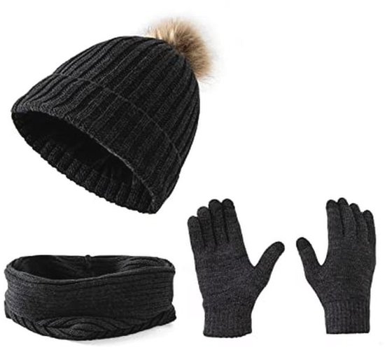 Embouro Damen 3 in 1 Pom Pom Beanie Schal Handschuh Set, Winterset für kaltes Wetter für Frauen mit abnehmbaren Pom Poms (Dunkelgrau