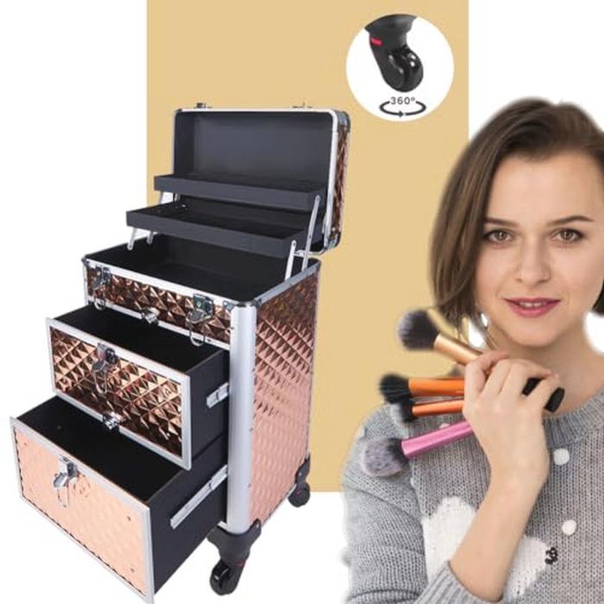 Professionele make-upkoffer met afneembare wielen en schuim beklede vakken voor schoonheidsspecialisten