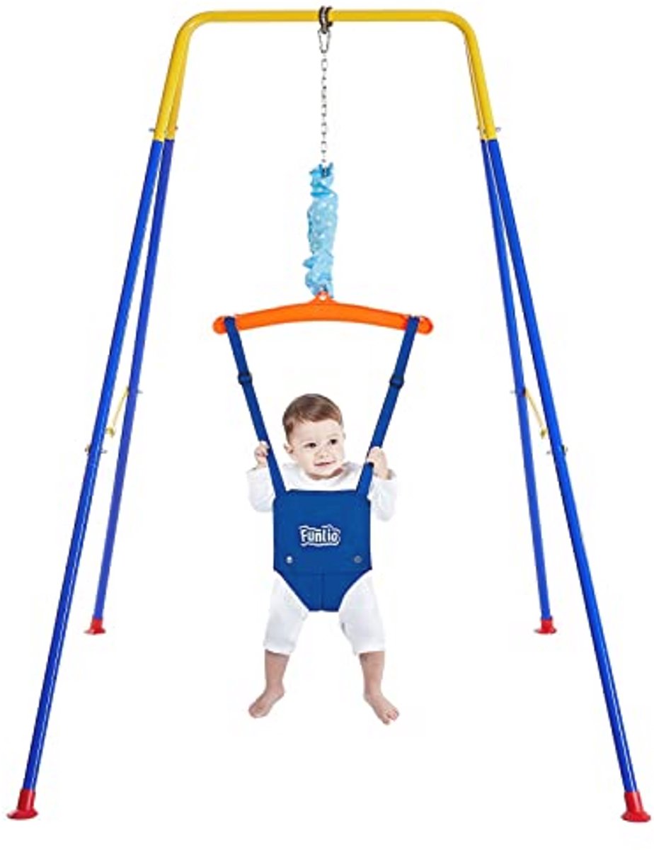 FUNLIO Baby Deur Jumper met standaard voor 6-24 maanden, babytrui voor binnen/buiten spelen, peutertrui voor babymeisje/jongen, met verstelbare ketting, eenvoudig te monteren en op te bergen