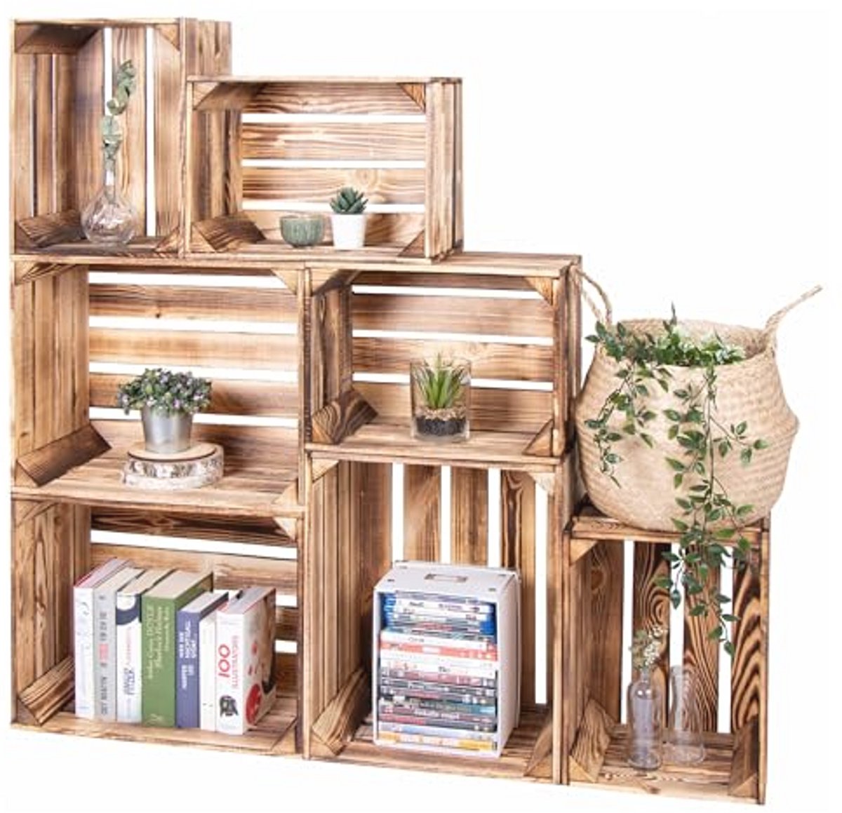 Set van 7 houten vintage kratten - Decoratieve opbergdozen voor wijn, groente en fruit
