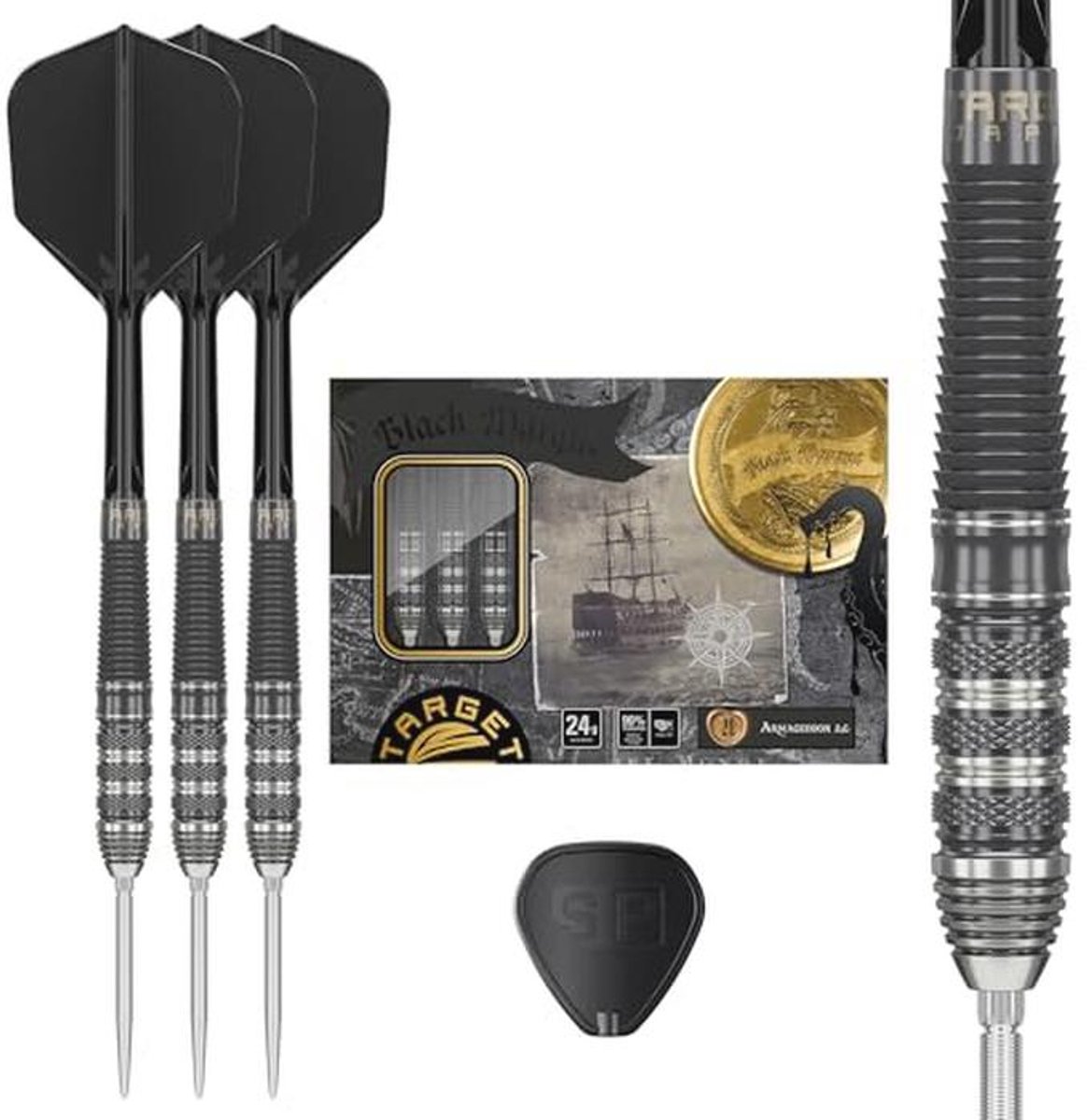 Target Japan Black Marque Armageddon G2 90% Tungsten K-Flex Swiss Point Steel Tip Darts Set, 24G | KFlex Dart Flight, Zwitserse Nano Point, Black & Silver Steel Dart Tip met K Flex geïntegreerde Shaft