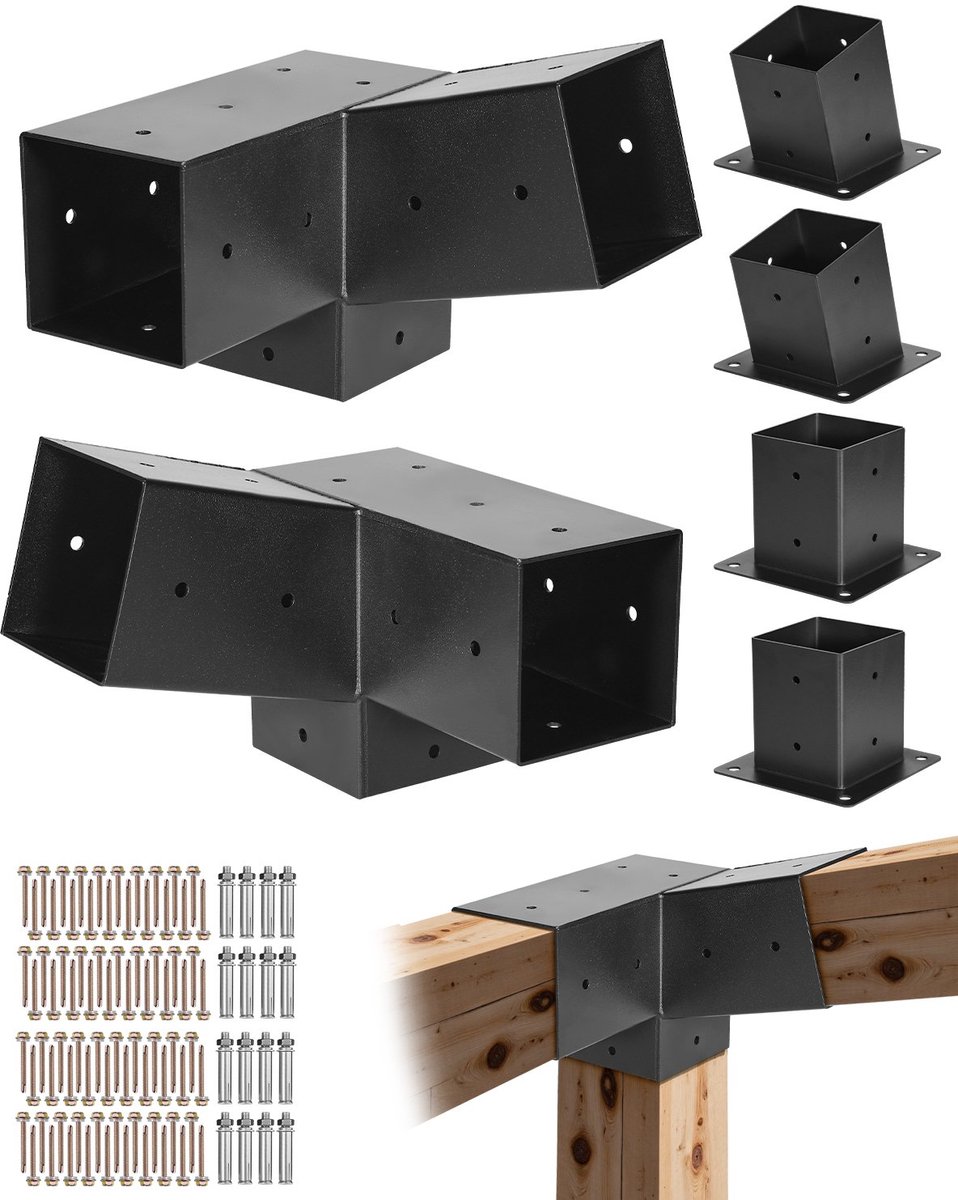 Paalverbinders - 3-weg Hoekbeugels - Voor Houten Balken 92x92 mm (9x9 cm) - Set Van 2 - Inclusief 2 Paalvoeten & 2 Wandmontagevoeten - Voor Pergola, Prieel, Schuur