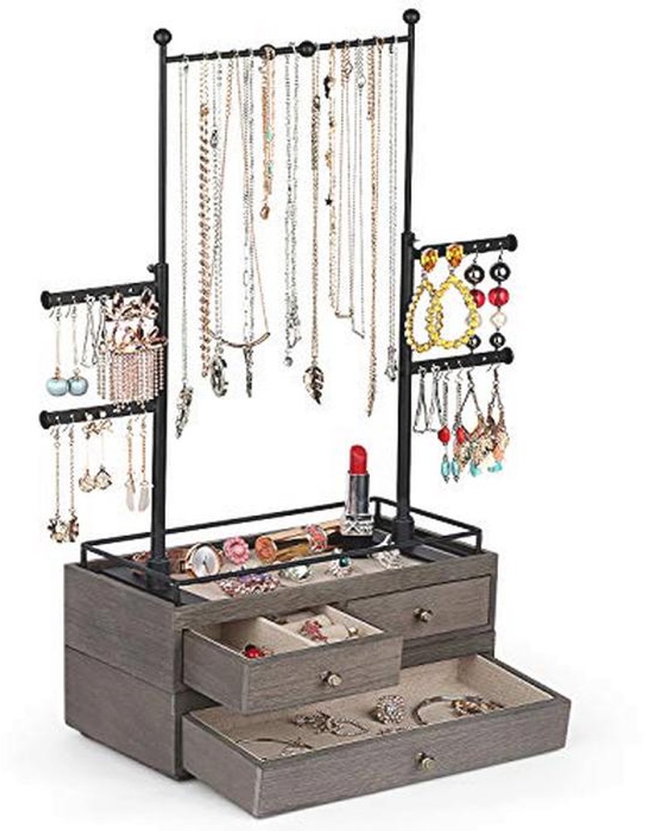 Sieraden Organizer met 2 Lagen en 6 Tier Display voor Kettingen, Armbanden, Oorbellen en Ringen - Verweerd Grijs