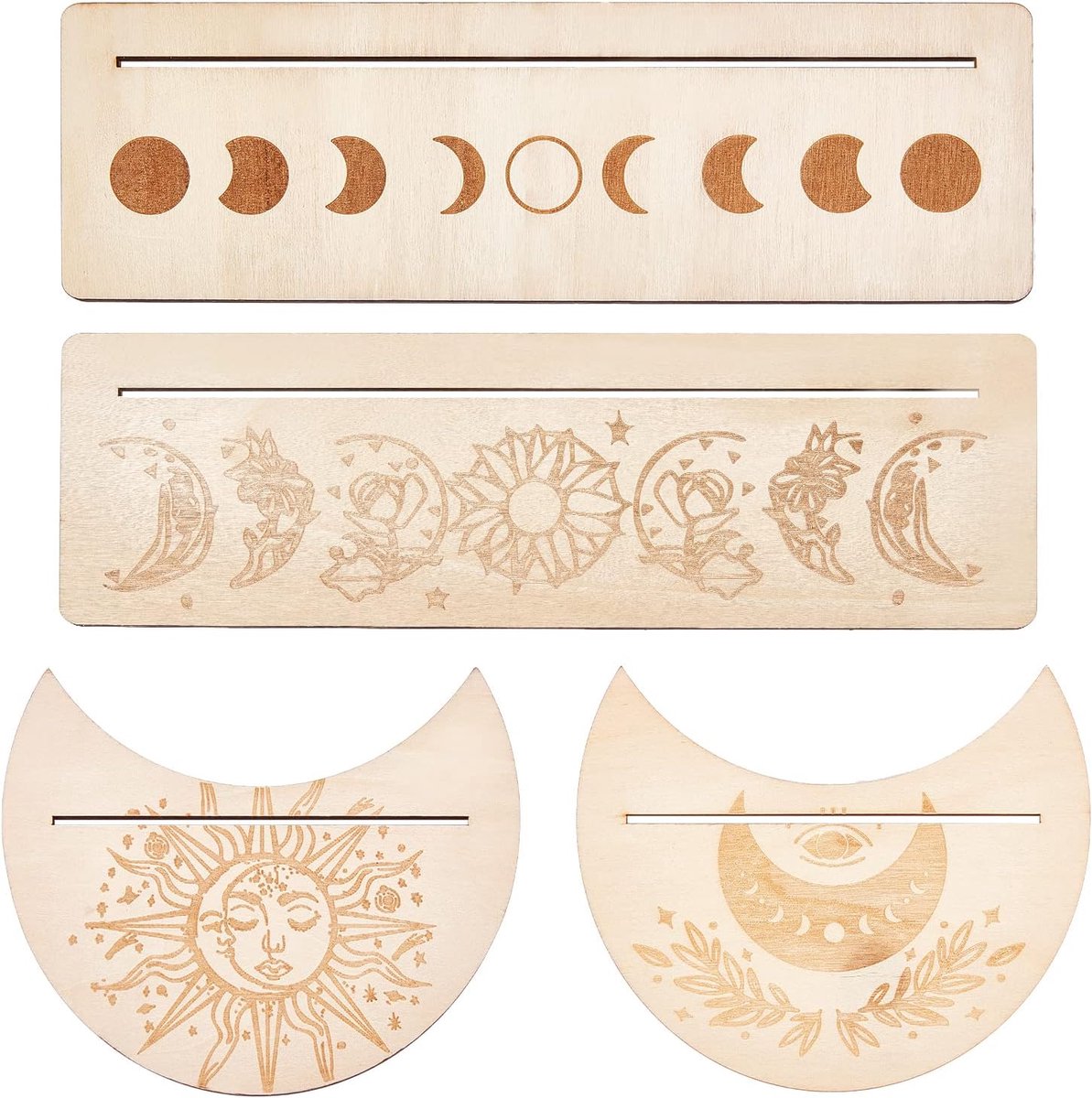 4pcs Wooden Tarot Card Holder - Moon Phase Tarot Card Altar Stand - Sun Flower Pattern Rectangle Moon Shape Tarot Card Display Holder - Voor Witch Divination Tools Ceremonial