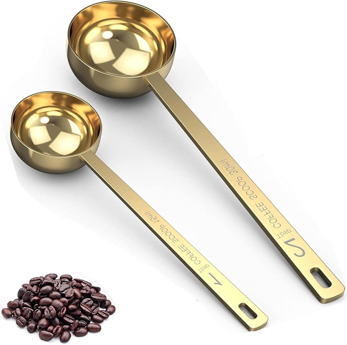 CSGoods - Koffiemaatsets met lange handgreep, roestvrijstalen lepel, schoppen, maatlepels - 2 stuks - Goud