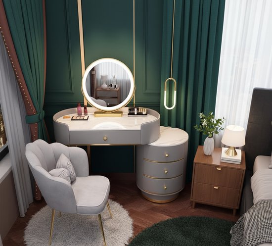 Erganza YMH1906819 Make tafel met kruk, kaptafel met spiegel en verlichting voor make-up, ledlicht, 3 kleurtemperaturen en instelbare helderheid, 6 laden, modern