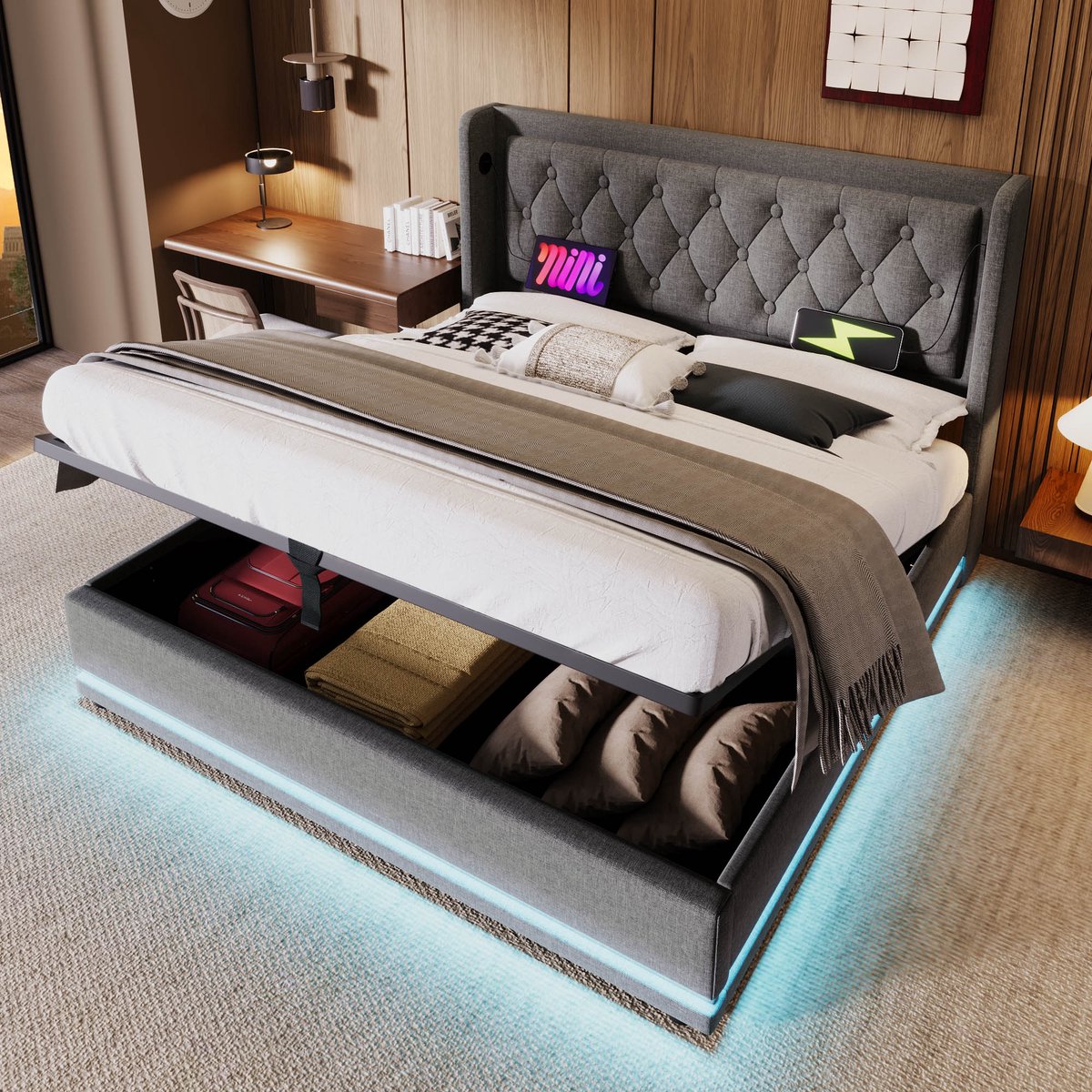 STILVORA Gestoffeerd Bed - 160x200 cm - Modern Tweepersoonsbed Met LED Verlichting En USB Oplaadfunctie - Hydraulisch Opbergbed - Katoen - Grijs Grijs;Zonder matras
