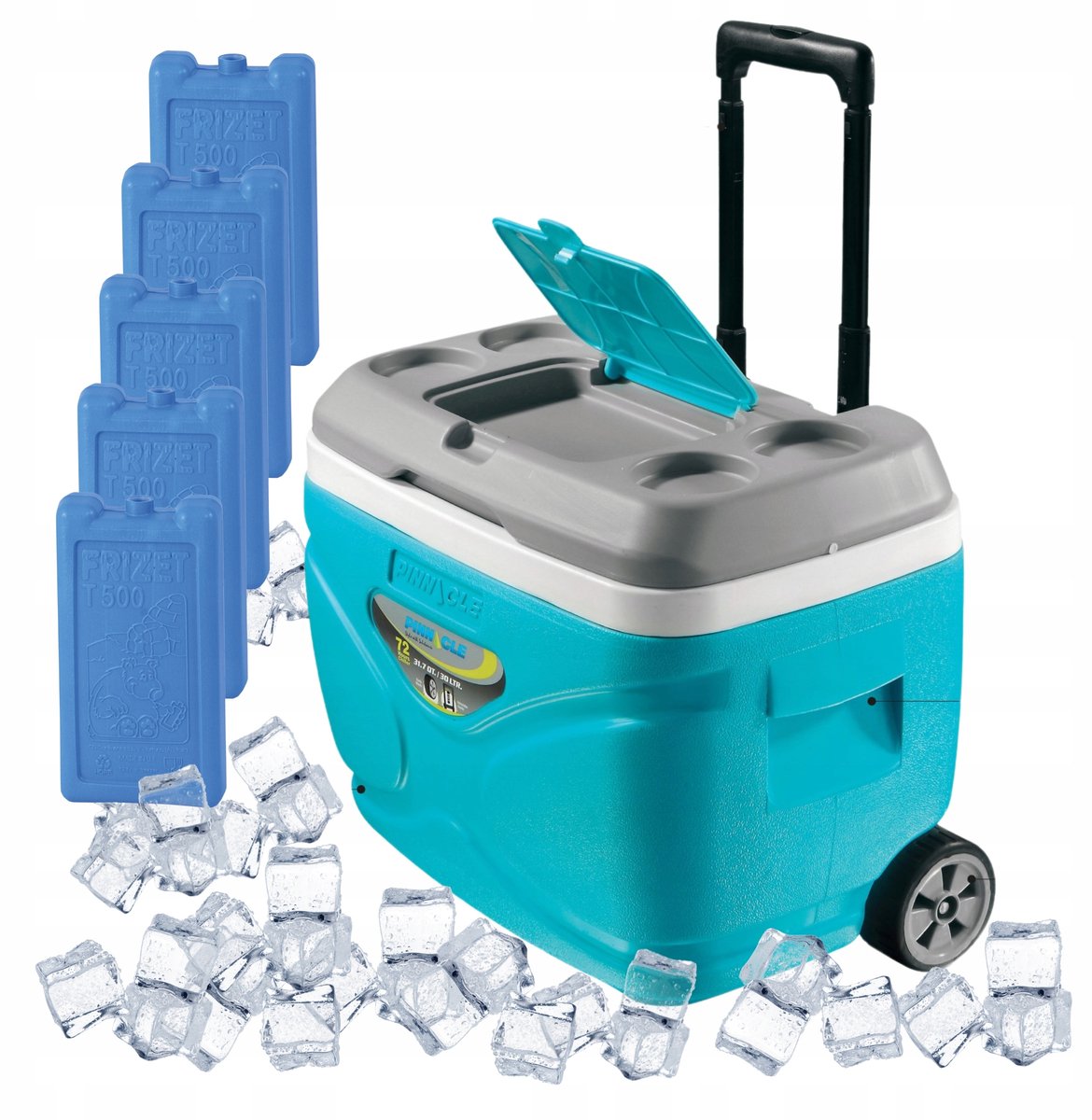 Turquoise Koeltas op Wielen 30L met 5 Koelpacks