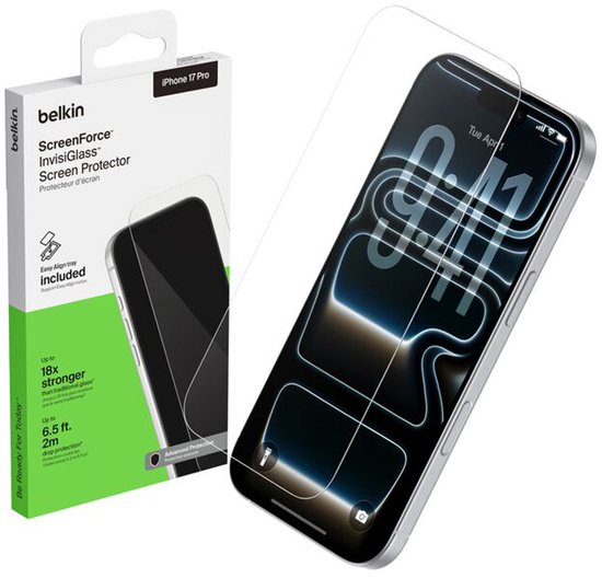 Verpakking en zilvergrijze iPhone 17 Pro met glazen screenprotector en "9:41" op het scherm.
