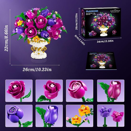 PLAXSOON Paarse Rozen Bouwpakket - 969 Delen Bloemen Boeket met Vaas - 18 Rozen Bonsai Plant Bouwsets - Huisdecoratie Spleegoed voor Kinderen Volwassenen