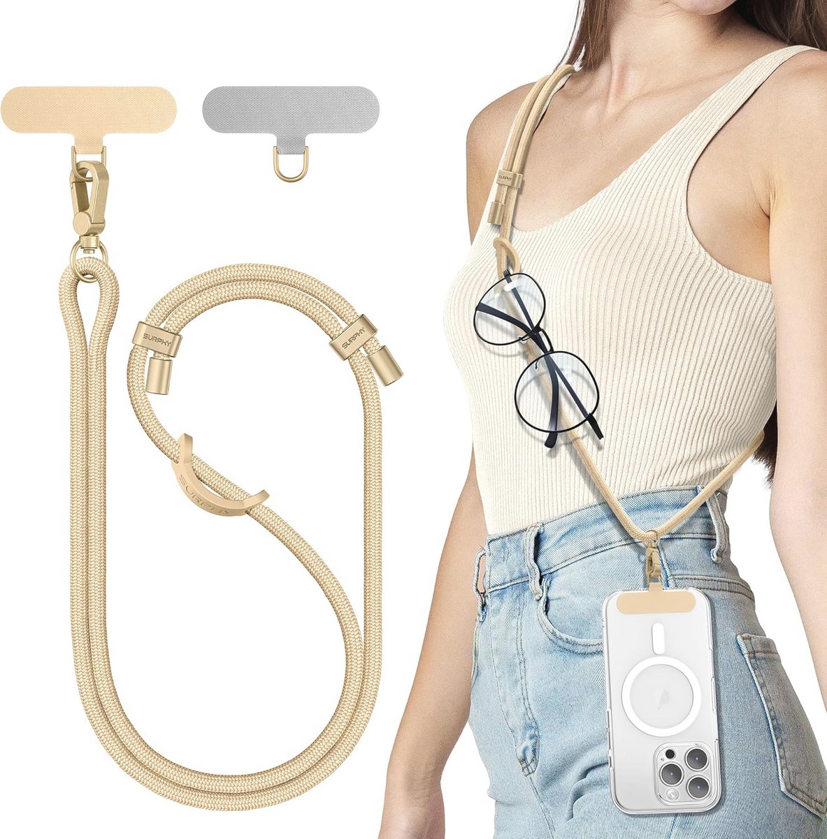 Verstelbare Telefoondrager Universeel, Sterke Lanyard voor Buiten, Reizen, Telefoonketting met Stevige Haak Geschikt voor Alle Smartphones en Airpods