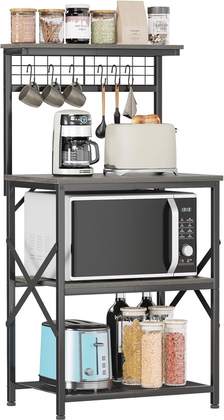 iSunirm Bakkersrek met stopcontact, magnetronstandaard, 5-traps koffiebarstation met ledverlichting, keukenrek met 6 S-vormige haken, keukenrek voor specerijen, potten en pannen, wit eiken