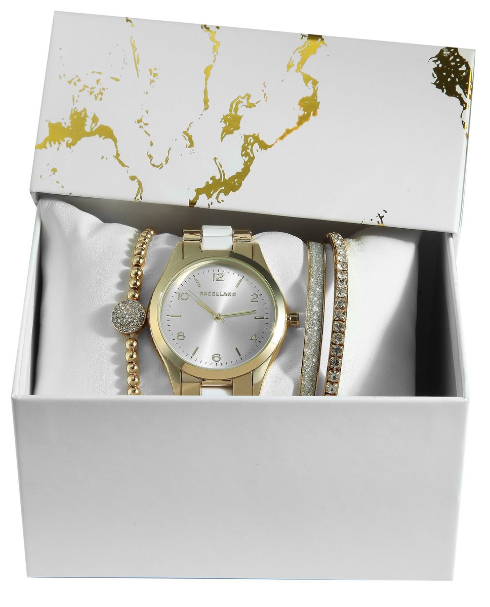 Excellanc dameshorloge geschenkset goud-wit cadeauset horloge, drie armbanden