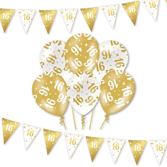 Gouden en witte ballonnen en slingers met '16' erop.