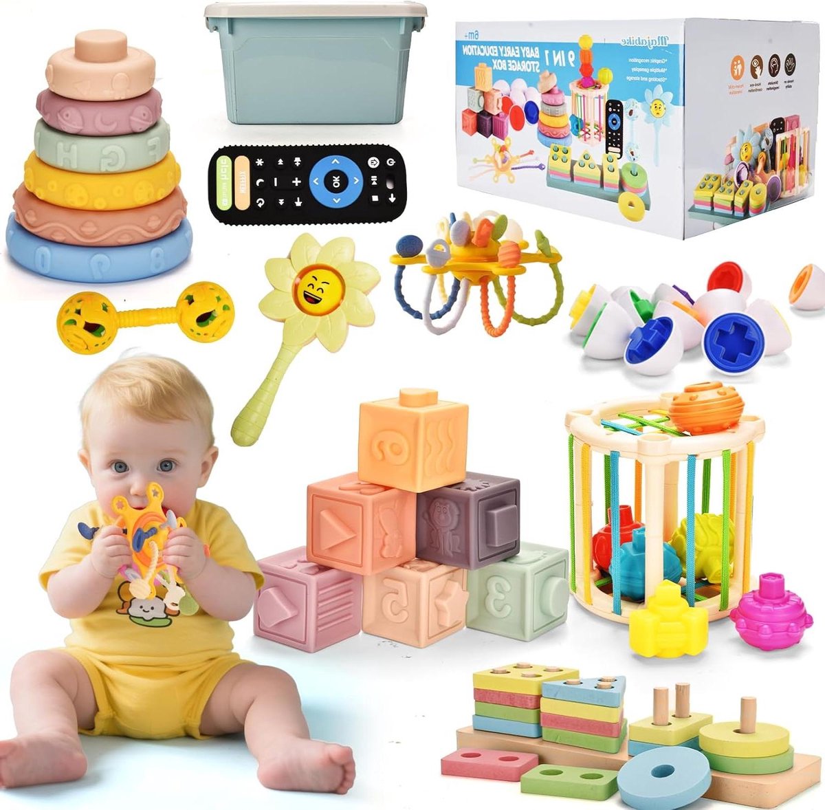 Provento - Montessori babyspeelgoed voor 6-12 maanden - 9-in-1 stapelspeelgoed - ontwikkeling sensorische motorische vaardigheden - bouwstenen siliconen - educatief speelgoed