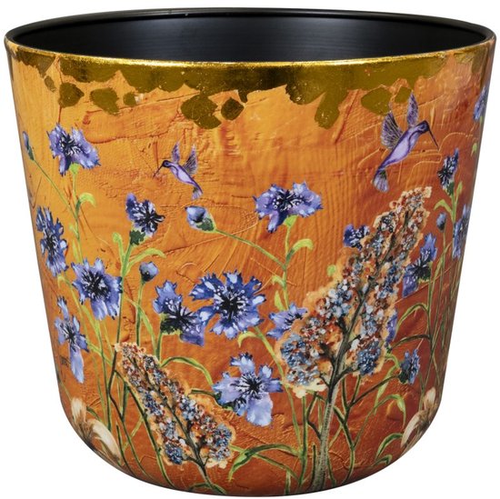 Oranje vaas met blauwe bloemen, kolibries en bladgoud detail. Uniek handgemaakt.