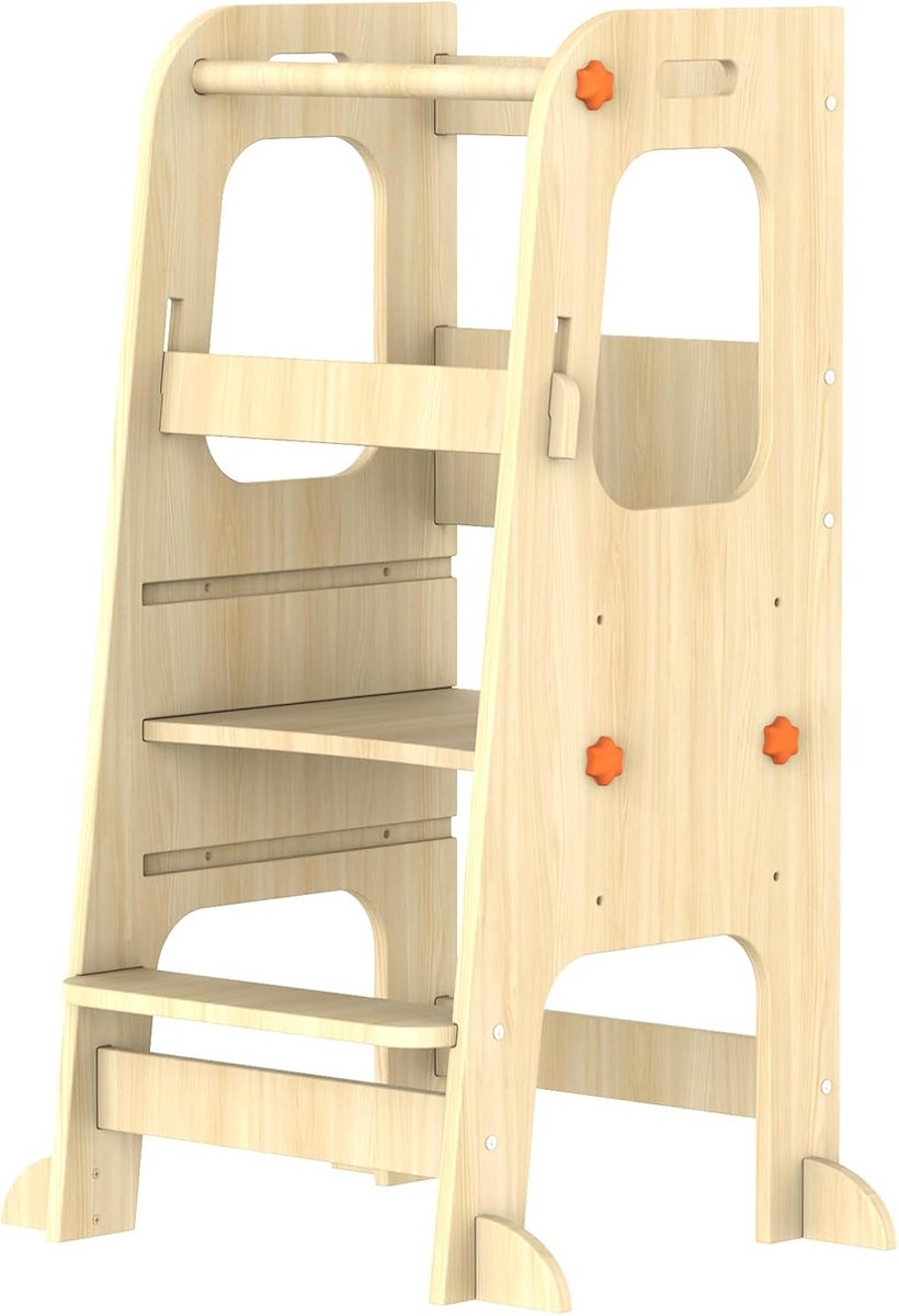 Verstelbare Houten Kindertrap met Leertrap en Veiligheidsrek, Anti-Slip Voeten voor Keuken en Badkamer