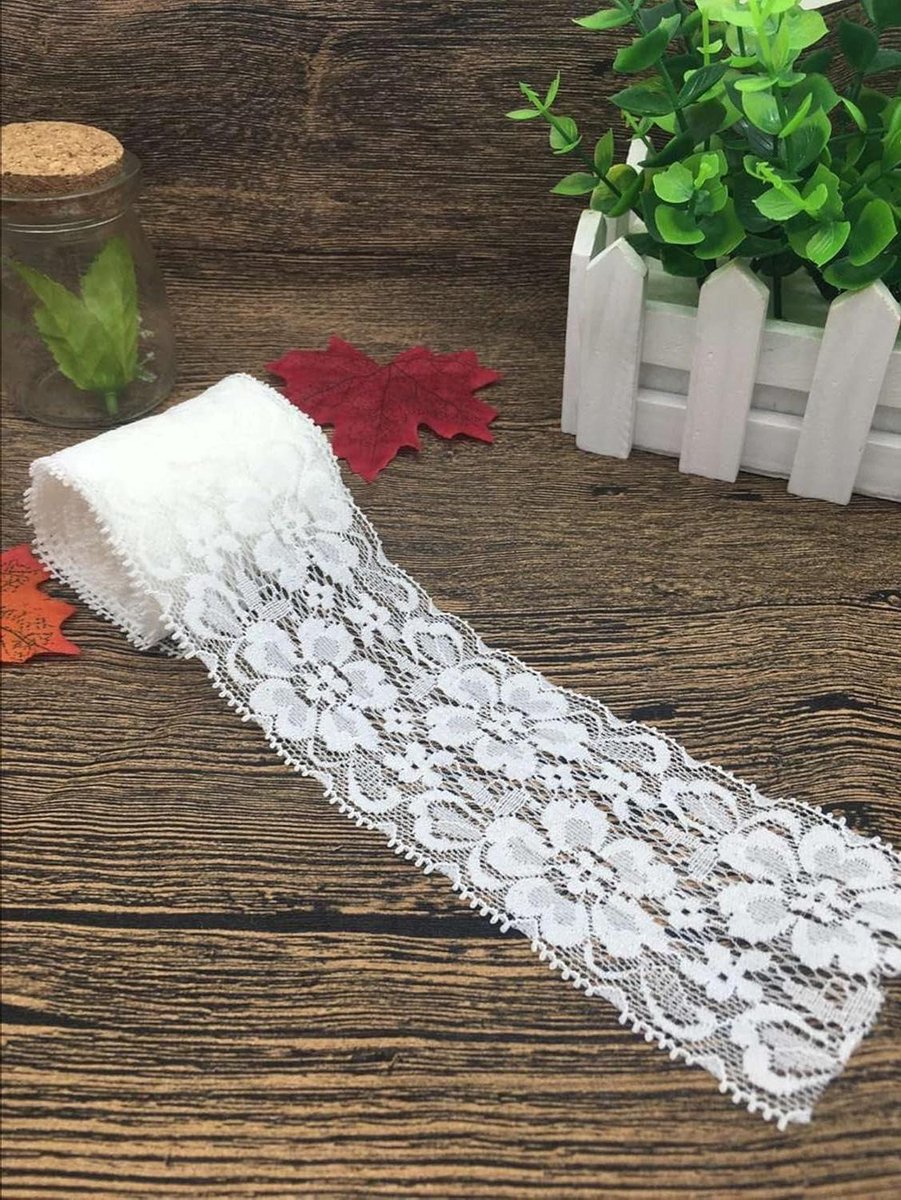 Ronte - Stretch kanten rand met bloemenmotief voor handwerk en bruiloft, 6 cm breed - Wit