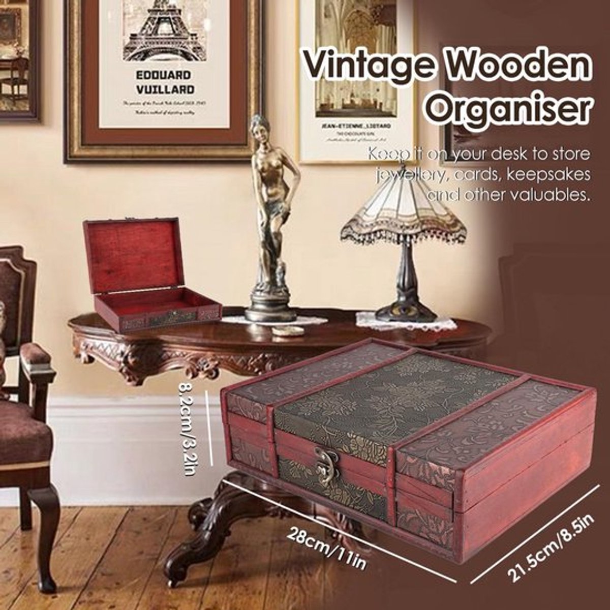 Vintage houten opbergkist met gouden druiven - Decoratieve schatkist voor sieraden, boeken en kaarten