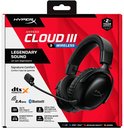 Verpakking van de zwarte HyperX Cloud III S Wireless headset, met specificaties.