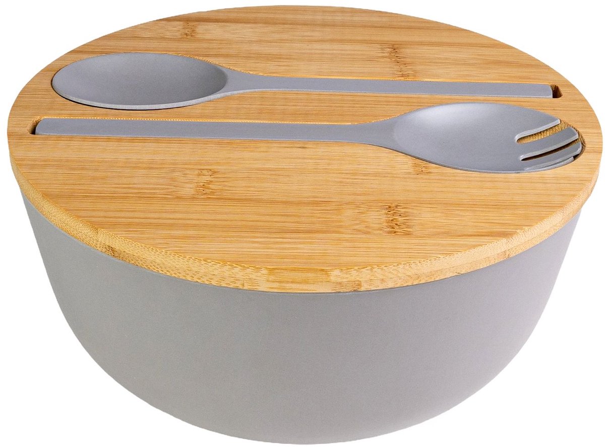 Intirilife Slakom met slabestek - grijs 25x25x 12cm - 3,5 L - mengkommen met bamboe deksel, slakom met vork en lepel voor fruit, salade, barbecues, feesten