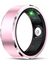Roze smartring met zilverkleurige rand en zichtbare circuitprint, met groene LED.