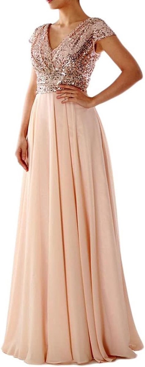 Lange avondjurk met empire-taille en V-hals - glinsterende tule chiffon jurk voor galafeesten en bruiloften