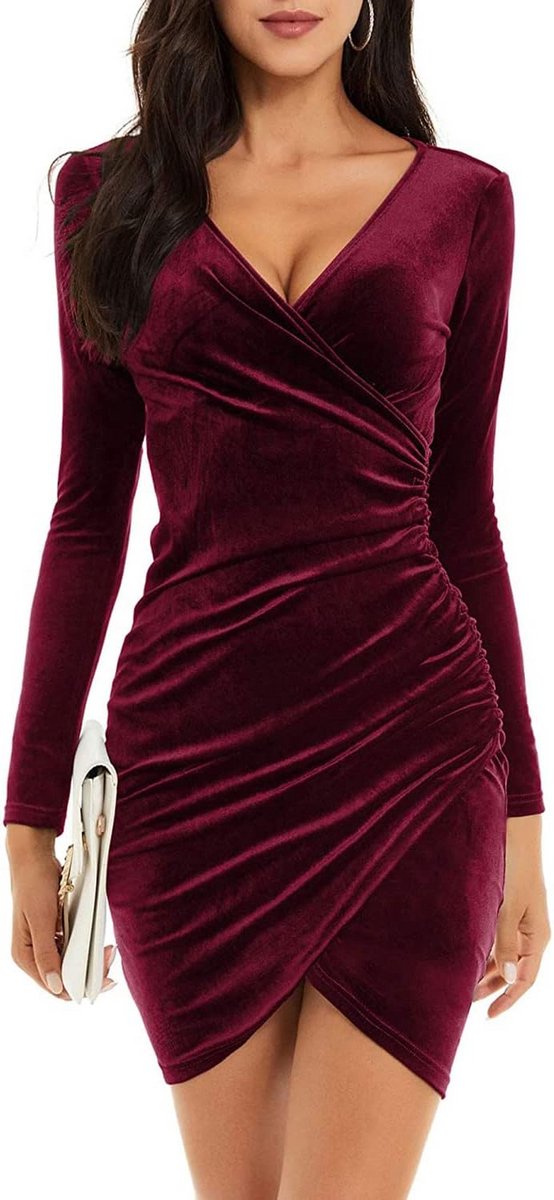Fluwelen bodycon jurk met V-hals en lange mouwen - Elegante avondjurk met split voor feestelijke gelegenheden